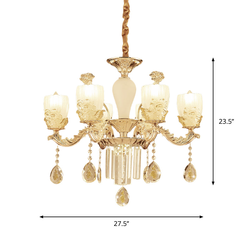 Frosted Glass Floral Chandelier Mid Century 6/8 Heads Bedroom Suspension Lamp in Gold with Crystal Draping