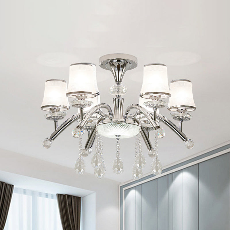 Modernisme Bell Semi Flush Mount 6-Bulb Grosted Glass Flush Light in Chrome avec Crystal Drop