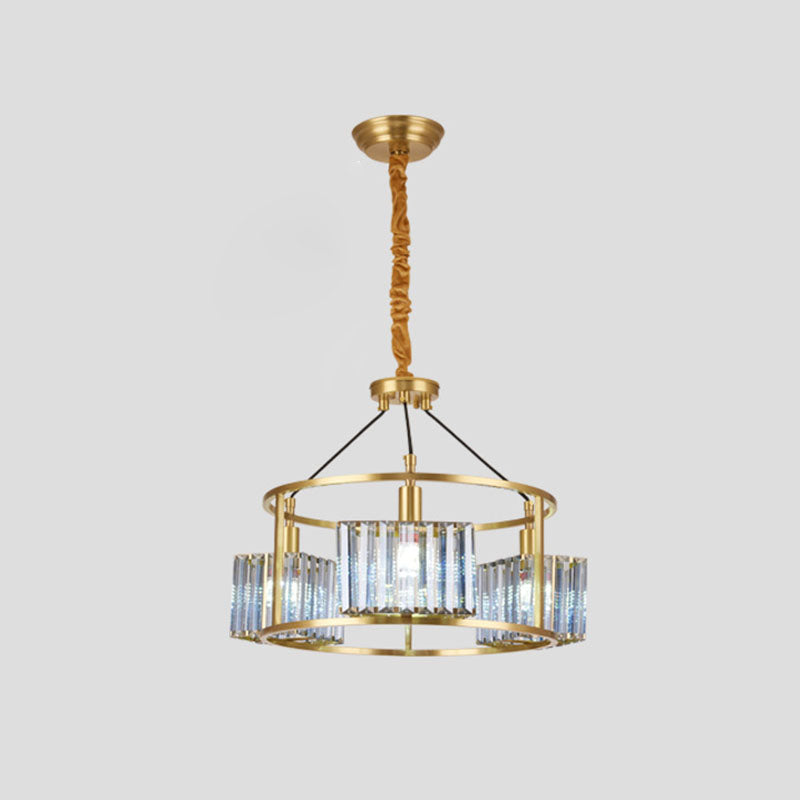 Modern Circular Pendant Chandelier 3-Bulb Crystal Block Hanging Ceiling Light in Brass