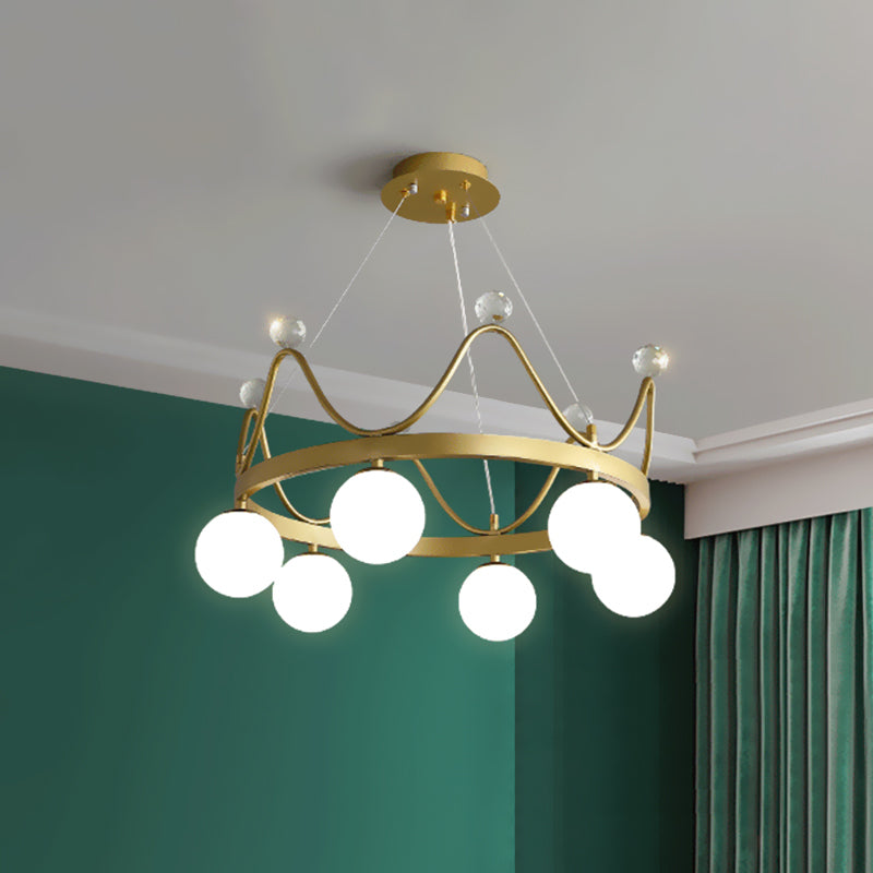 Kroneneisenkronleuchter Beleuchtung Kind 6 Lampen Rosa/Gold -Anhängerlampe mit Kugelglasschatten und Kristallfinial