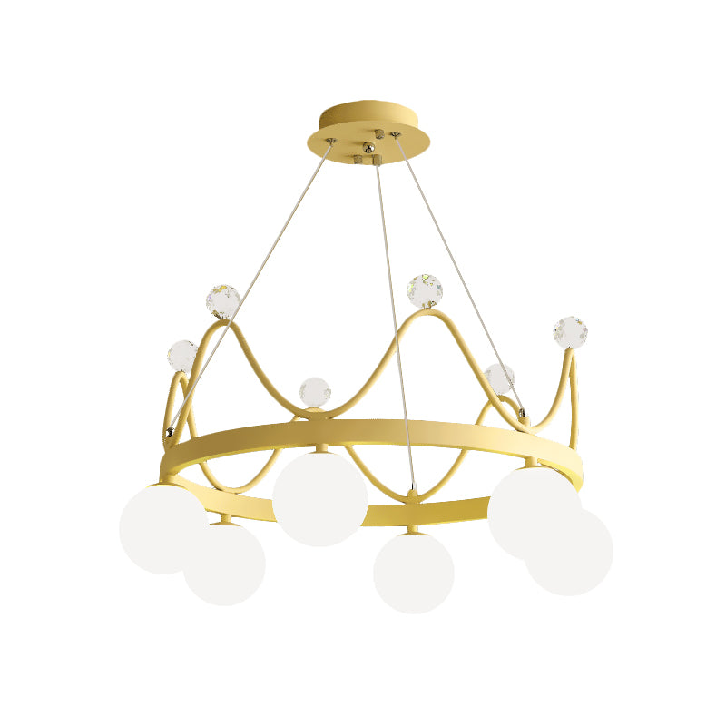 Lámpara de lámpara de lámpara de hierro de la corona 6 bombillas lámpara colgante de color rosa/dorado con sombra de vidrio de orbe y cristal de cristal