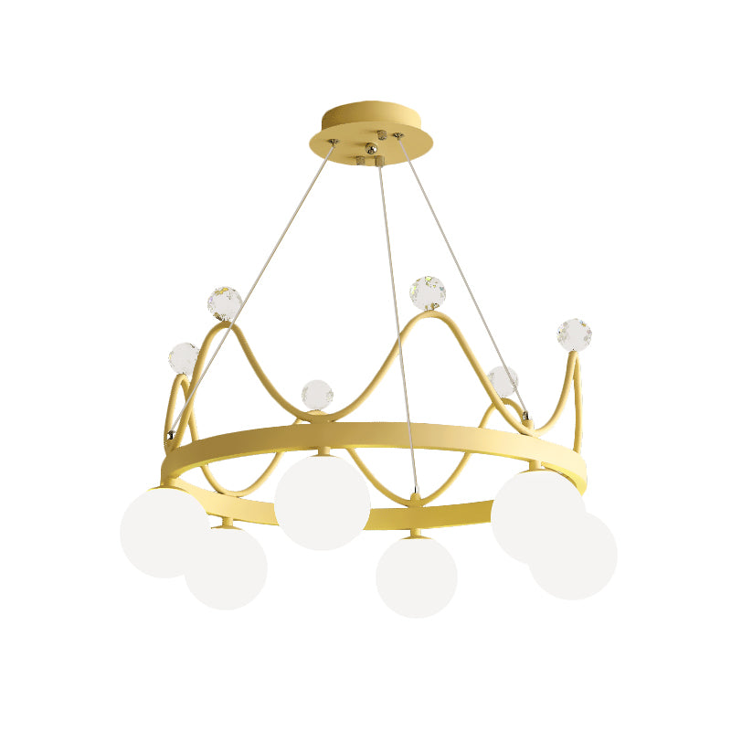 Crown Iron Chandelier Lighting Kid 6 Bulbs Pink/Gold Pendant Lamp with Orb Glass Shade and Crystal Finial