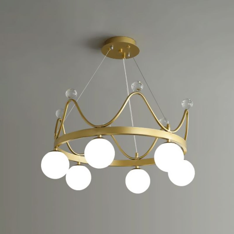 Kroneneisenkronleuchter Beleuchtung Kind 6 Lampen Rosa/Gold -Anhängerlampe mit Kugelglasschatten und Kristallfinial