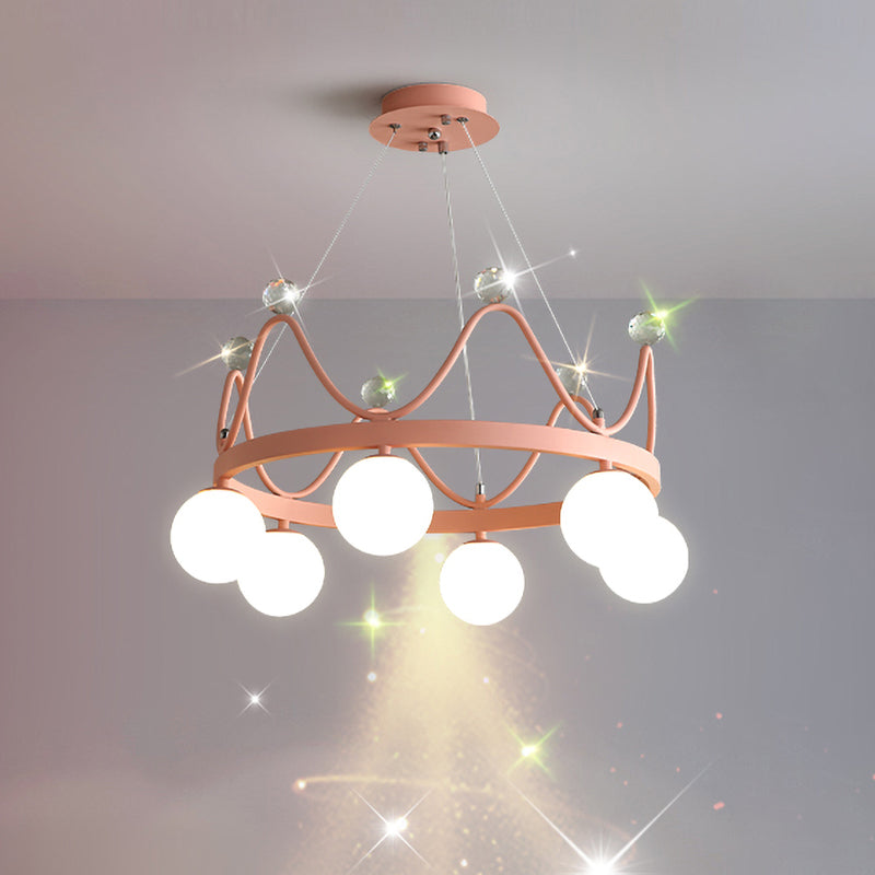 Kroneneisenkronleuchter Beleuchtung Kind 6 Lampen Rosa/Gold -Anhängerlampe mit Kugelglasschatten und Kristallfinial