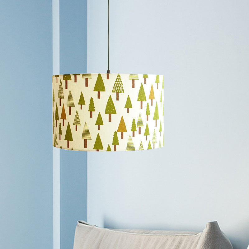 Print Fabric Drum Pendant Light Fixture Nordic 1-Light White Suspension Lighting with Feather/Bird/Tree Pattern