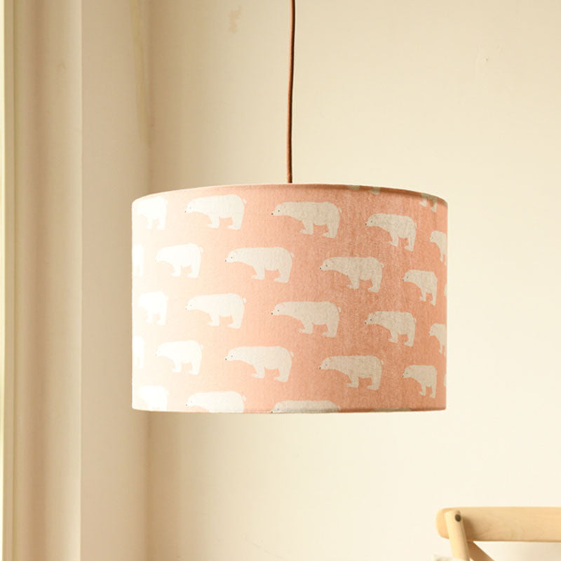Print Fabric Drum Pendant Light Fixture Nordic 1-Light White Suspension Lighting with Feather/Bird/Tree Pattern