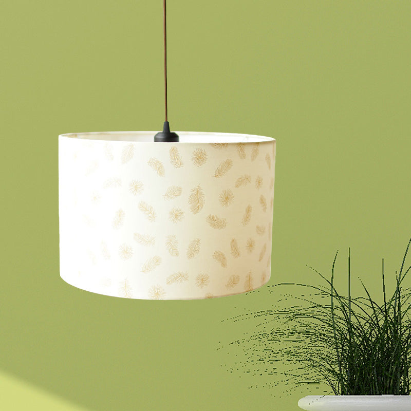 Print Fabric Drum Pendant Light Fixture Nordic 1-Light White Suspension Lighting with Feather/Bird/Tree Pattern