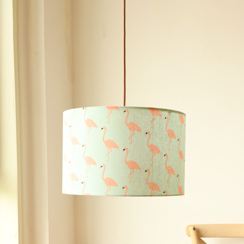 Print Fabric Drum Pendant Light Fixture Nordic 1-Light White Suspension Lighting with Feather/Bird/Tree Pattern