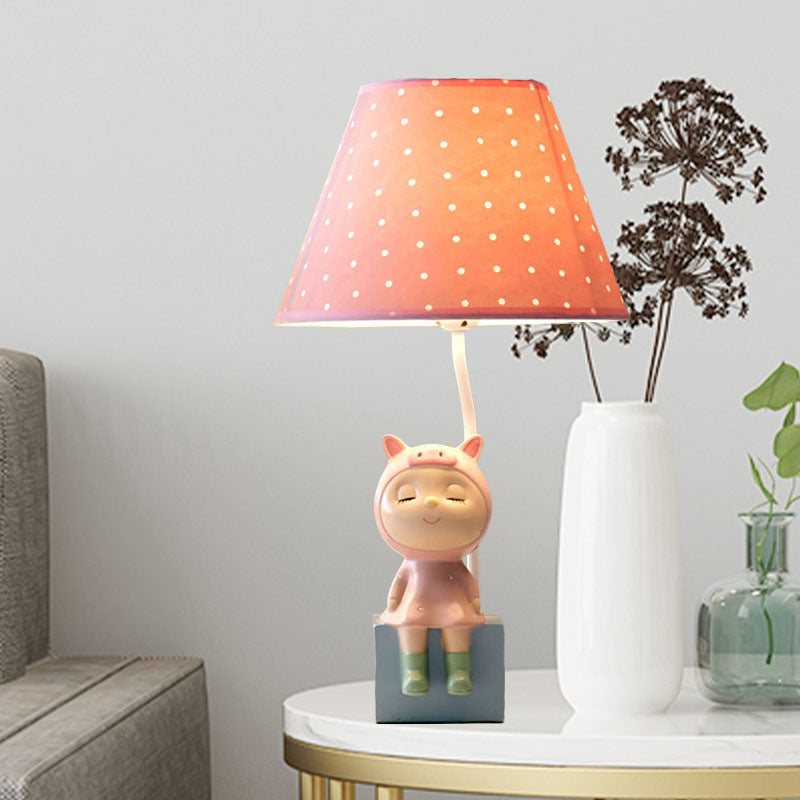 Spot Cone Shade Fabric Table Lamp Kids 1-Light White/Red Night Stand Light with Piggy/Rabbit Base