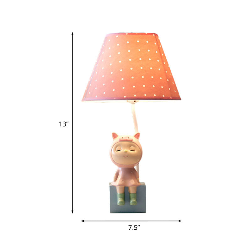 Spot Cone Shade Fabric Table Lamp Kids 1-Light White/Red Night Stand Light with Piggy/Rabbit Base