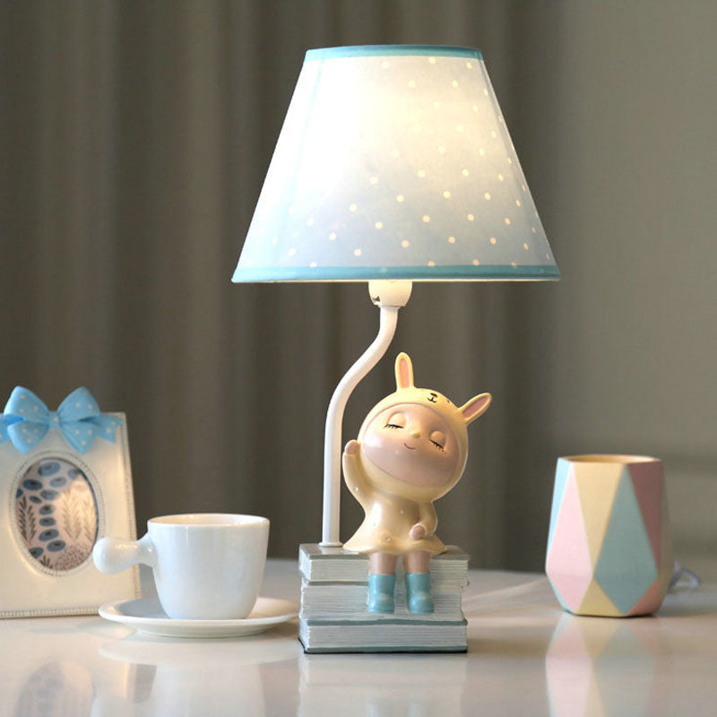 Spot Cone Shade Fabric Table Lamp Kids 1-Light White/Red Night Stand Light with Piggy/Rabbit Base