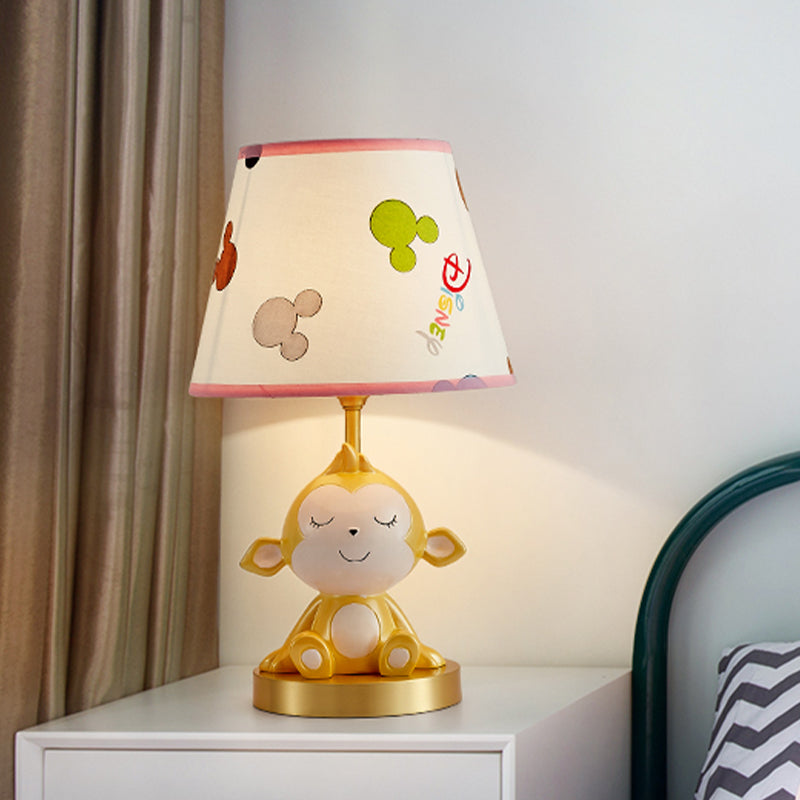 Cone Printed Fabric Nightstand Light Cartoon 1 Head White Table Lamp with Gold Monkey Base