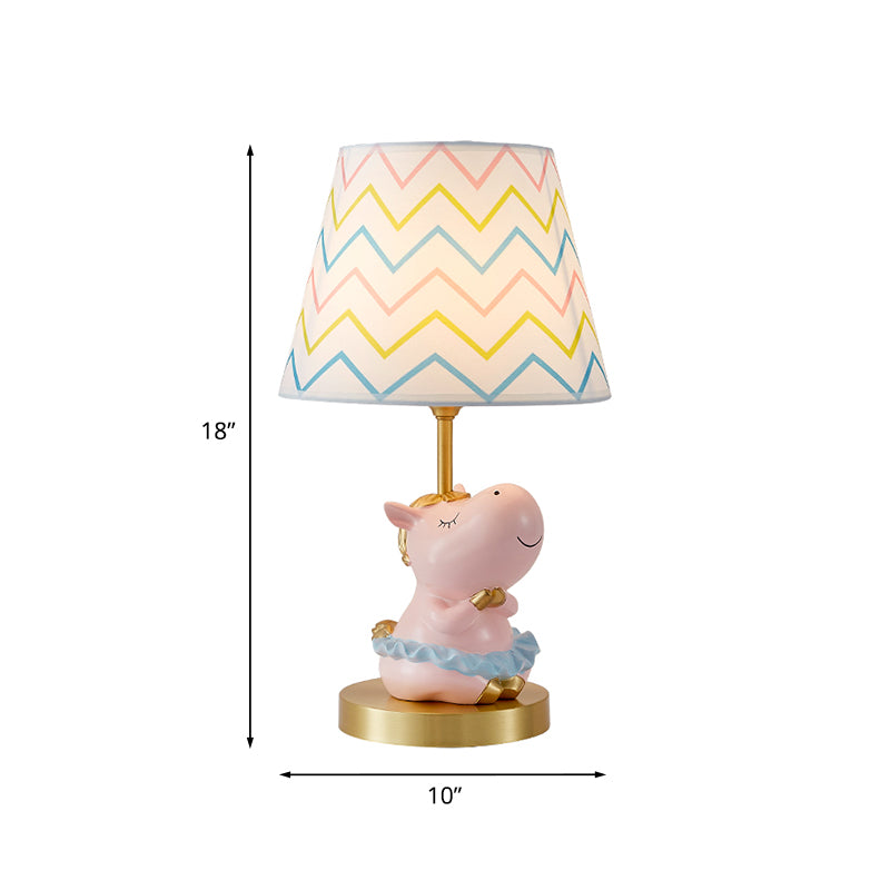 Pink Horse Table Light Cartoon 1 Bulb Resin Night Stand Lamp with Wave-Printed Fabric Lampshade