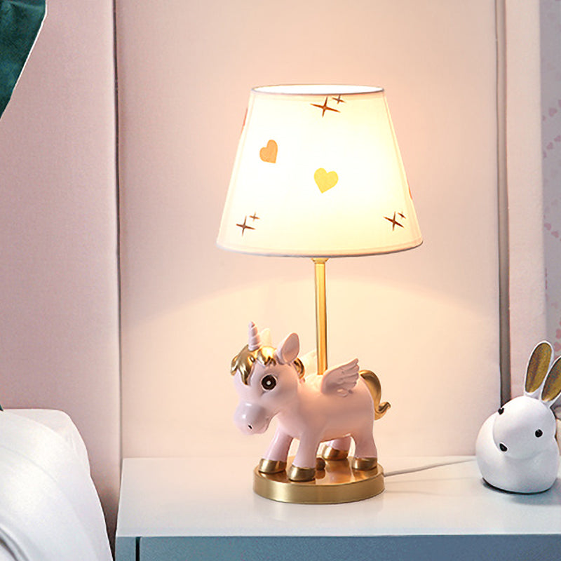 Cone Shade Night Light Kids Print Fabric 1 Bulb Pink/Blue Table Lighting with Unicorn Base