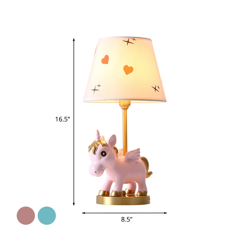Cone Shade Night Light Kids Print Fabric 1 Bulb Pink/Blue Table Lighting with Unicorn Base