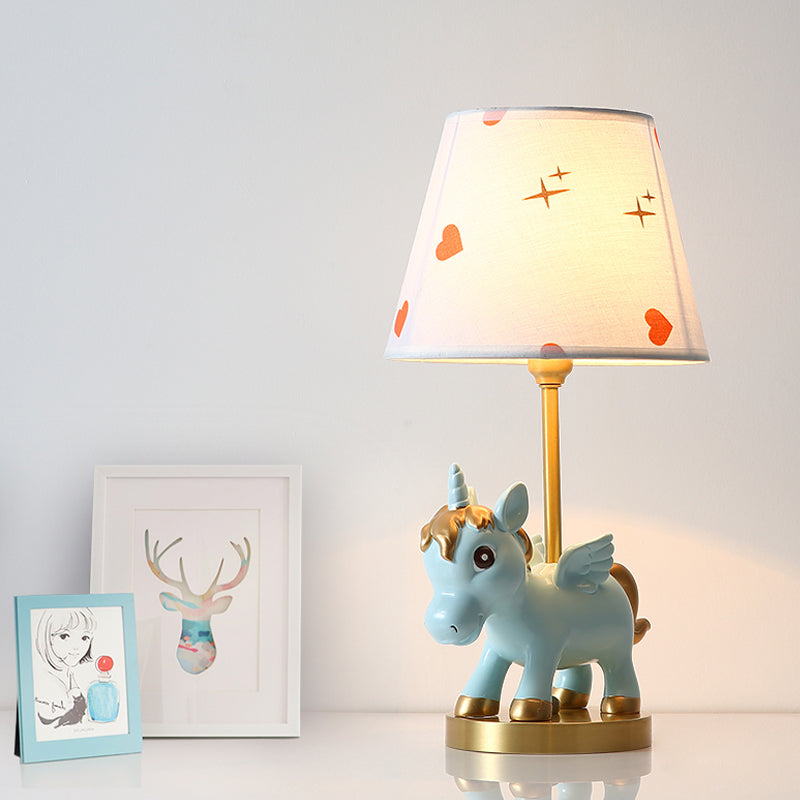Cone Shade Night Light Kids Print Fabric 1 Bulb Pink/Blue Table Lighting with Unicorn Base