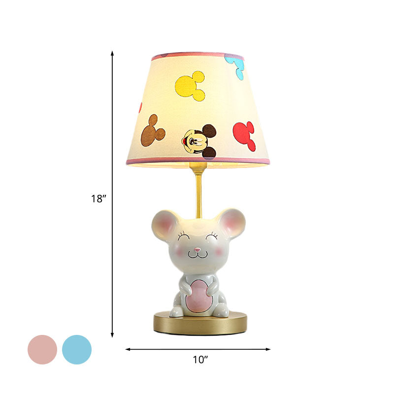 Kids Smiling Mouse Night Lamp Resin 1 Bulb Child Room Table Light with Fabric Shade in Pink/Blue