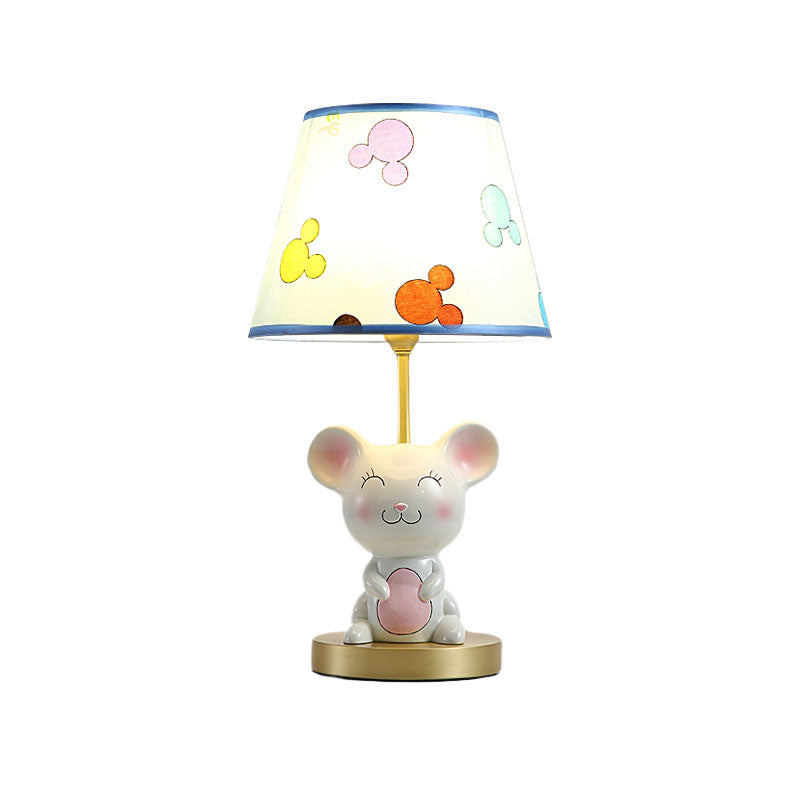 Kids Smiling Mouse Night Lamp Resin 1 Bulb Child Room Table Light with Fabric Shade in Pink/Blue