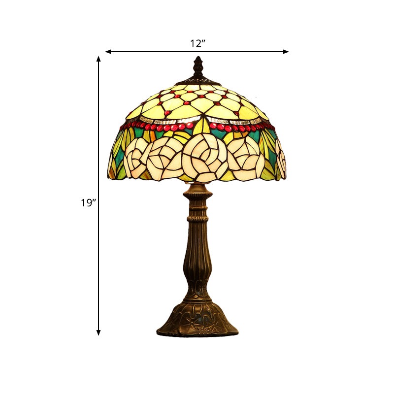 Single Living Room Nightstand Lamp Baroque Bronze Table Light with Beaded Roseborder Stained Glass Shade