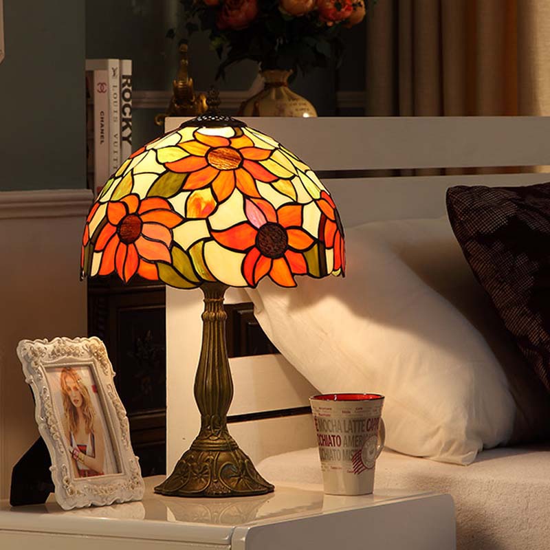 Bronze Finish 1 Bulb Night Lamp Tiffany Sunflowers Hand-Cut Stained Glass Table Light