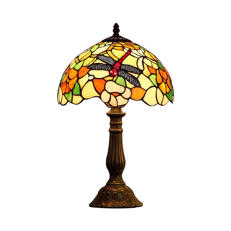 Lampada da tavolo Tiffany a 1 testa con luce notturna in vetro bronzo lavorato a mano con libellula e peonia