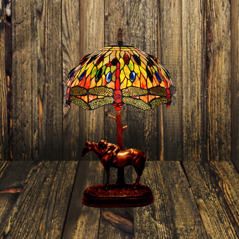 Tiffany Glass Coffee Table Lamp Kaleidoscope Pattern 1 Bulb Victorian Style Night Light with Horse Decoration