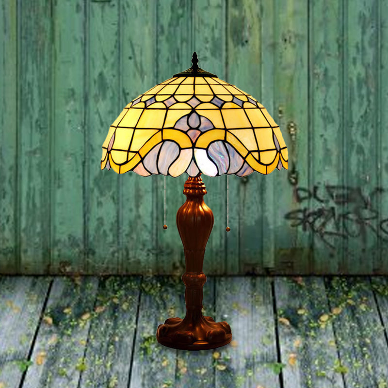 Baroque Bowl Pull-Chain Table Light 2-Bulb Stained Art Glass Nightstand Lamp in Coffee