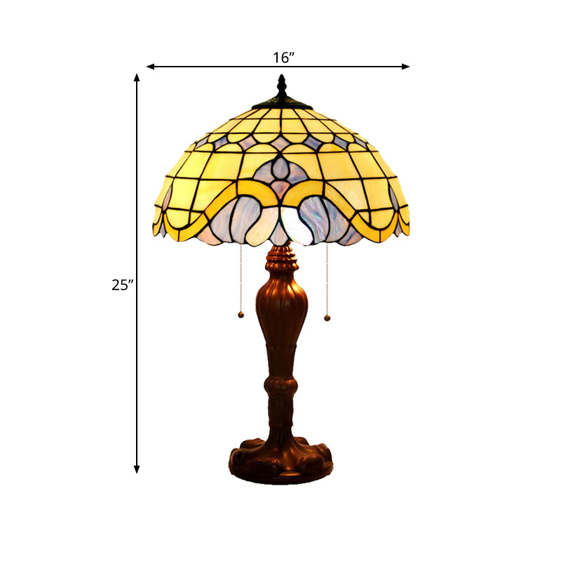 Baroque Bowl Pull-Chain Table Light 2-Bulb Stained Art Glass Nightstand Lamp in Coffee