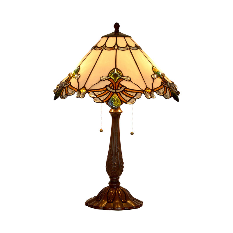 Lampada da notte Tiffany con motivo a oca in vetro bianco, illuminazione da tavolo in bronzo a 2 luci con catena da tirare