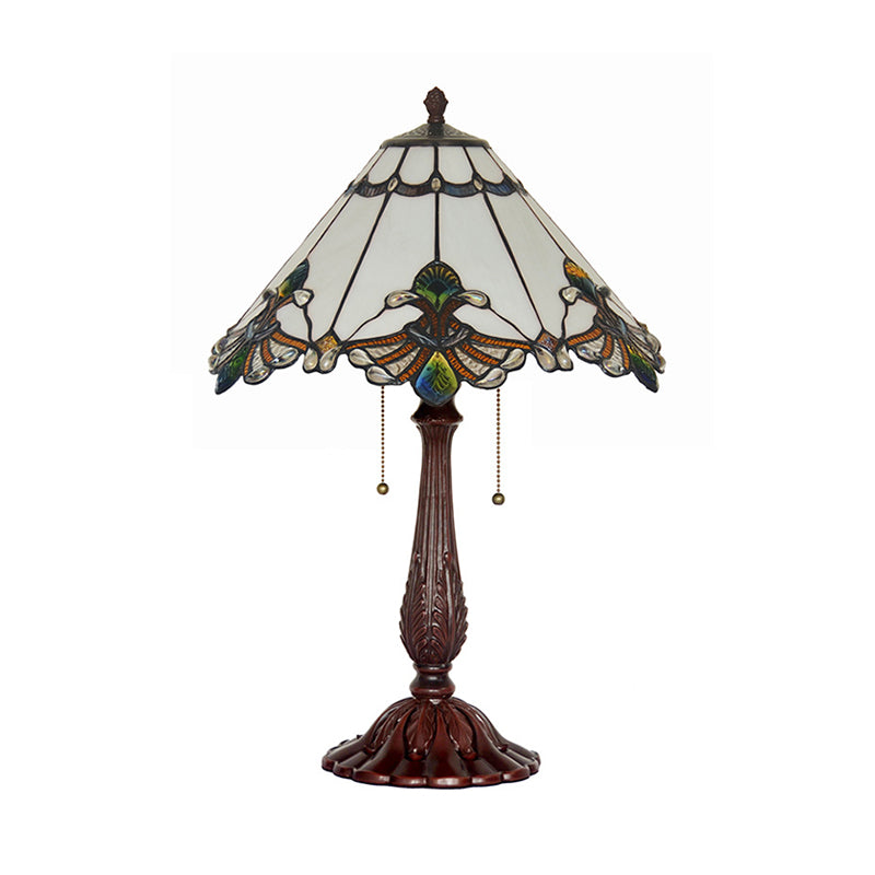 Lampada da notte Tiffany con motivo a oca in vetro bianco, illuminazione da tavolo in bronzo a 2 luci con catena da tirare