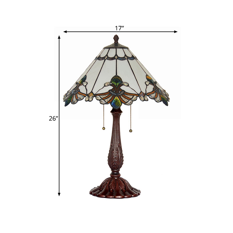 Lampada da notte Tiffany con motivo a oca in vetro bianco, illuminazione da tavolo in bronzo a 2 luci con catena da tirare