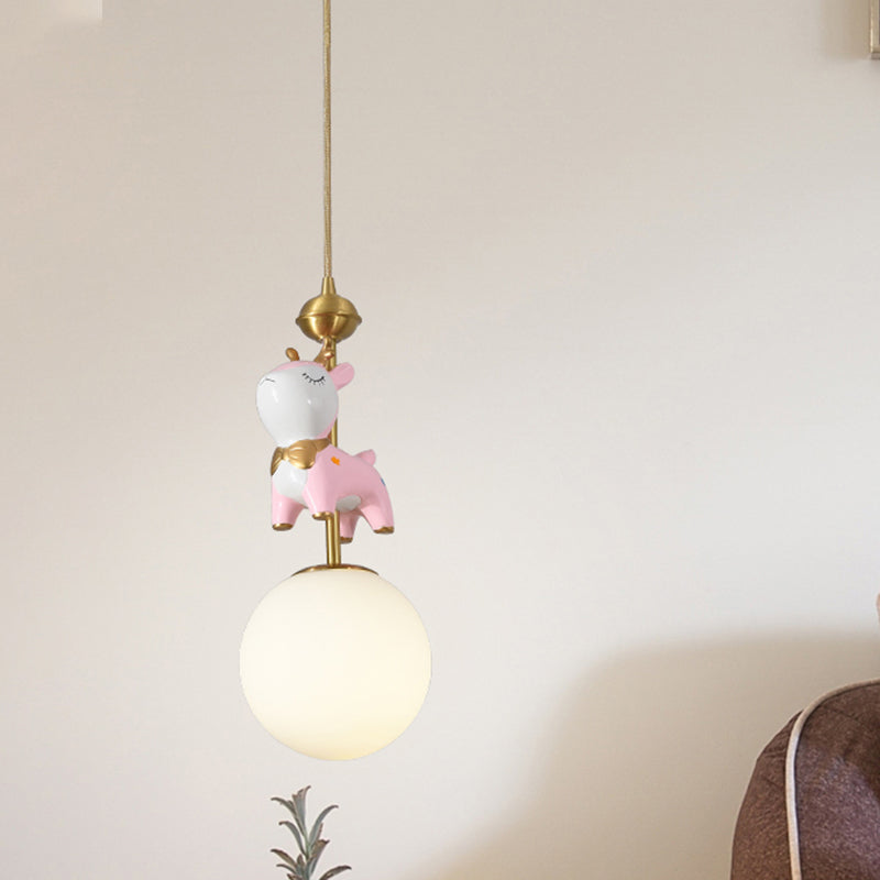 Resin Sika Deer Pendulum Light Cartoon 1 Bulb Blue/Pink-White/Blue-White Hanging Pendant with Ball Opal/Stained Glass Shade