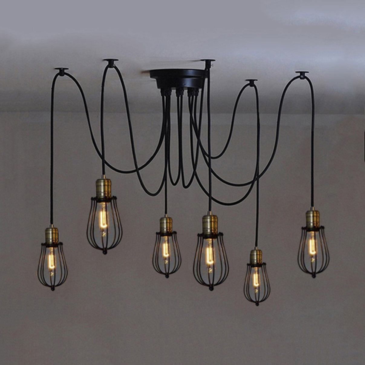 Sospensione ragno a 6 luci Light con piccola gabbia Apparecchiatura a soffitto in metallo nero vintage per cucina