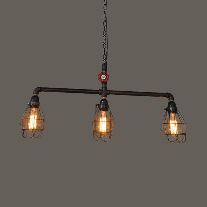 Small Cage Iron Pendant Lighting Industrial 3 Heads Dining Room Bronze Island Light Fixture with Red Valve