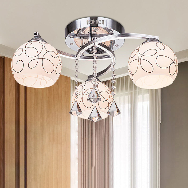Global Living Room Semi Flush Minimalist Opal Verre 3/5 Lights Chrome Plafond Flush With Crystal Drop