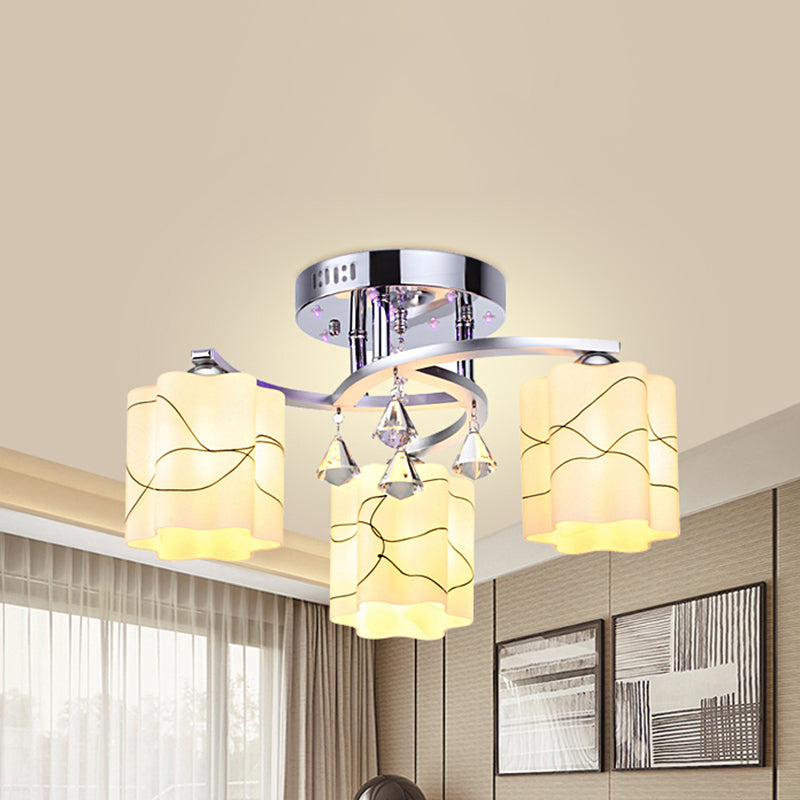 Chrome 3/5 Bulbes Plafond Flush Simple Grosted Glass Scalloped Semi Flush Mount avec chute de cristal