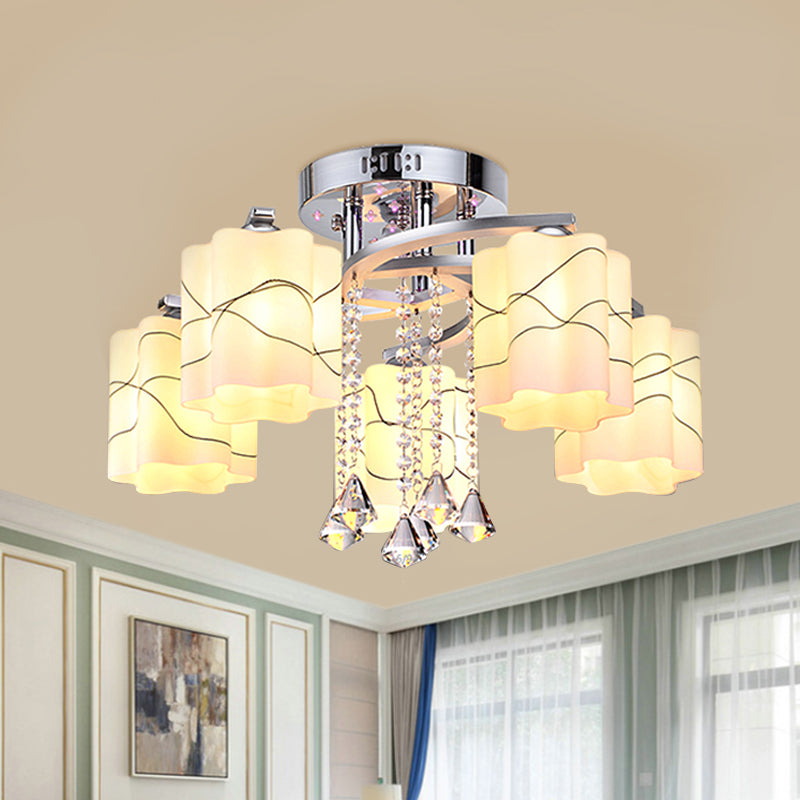 Chrome 3/5 Bulbes Plafond Flush Simple Grosted Glass Scalloped Semi Flush Mount avec chute de cristal