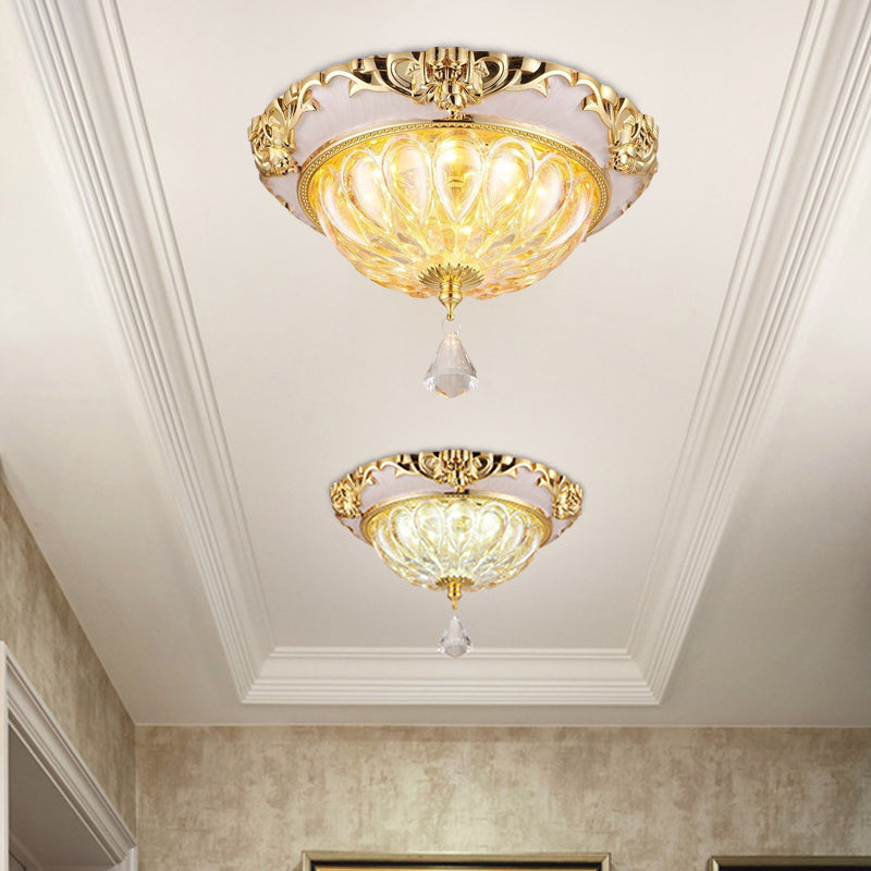 Gold LED Ceiling Flush Mount Modern Amber Crystal Glass Flush Light Fixture with Carved Edge