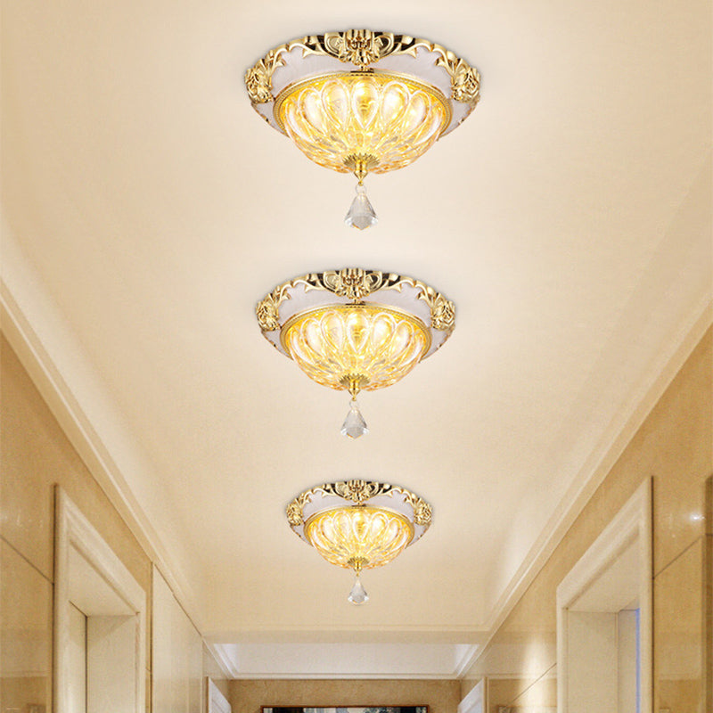 Gold LED Ceiling Flush Mount Modern Amber Crystal Glass Flush Light Fixture with Carved Edge