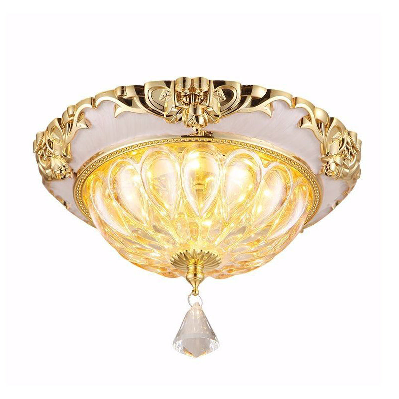 Gold LED Ceiling Flush Mount Modern Amber Crystal Glass Flush Light Fixture with Carved Edge