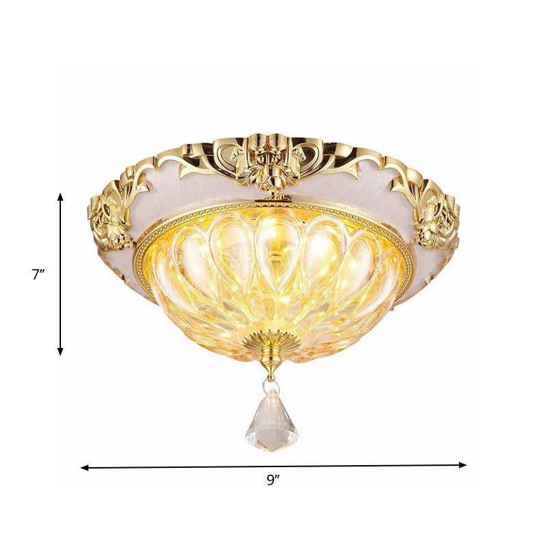 Gold LED Ceiling Flush Mount Modern Amber Crystal Glass Flush Light Fixture with Carved Edge