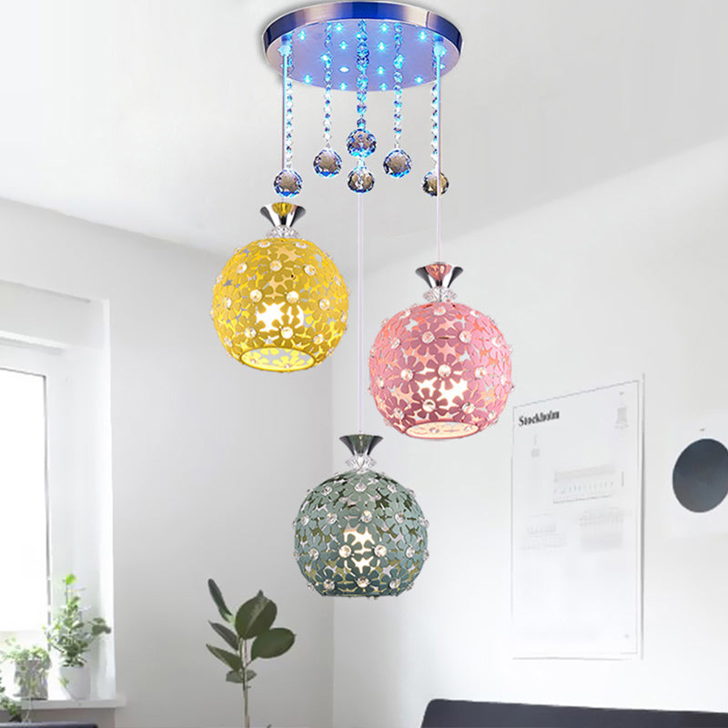 Crystal Ball Chrome Cluster Pendant Globe 3-Bulb Contemporary Hanging Light with Round / Linear Canopy