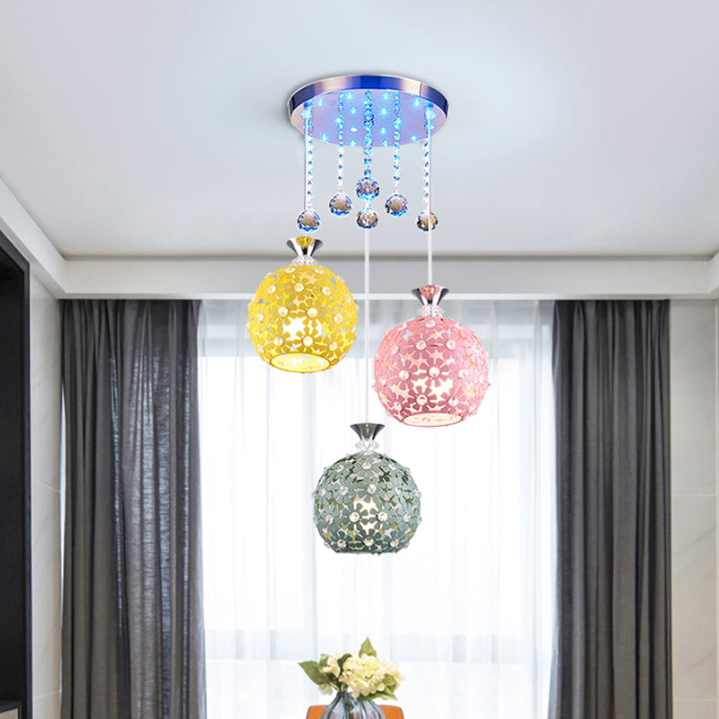 Crystal Ball Chrome Cluster Pendant Globe 3-Bulb Contemporary Hanging Light with Round/Linear Canopy