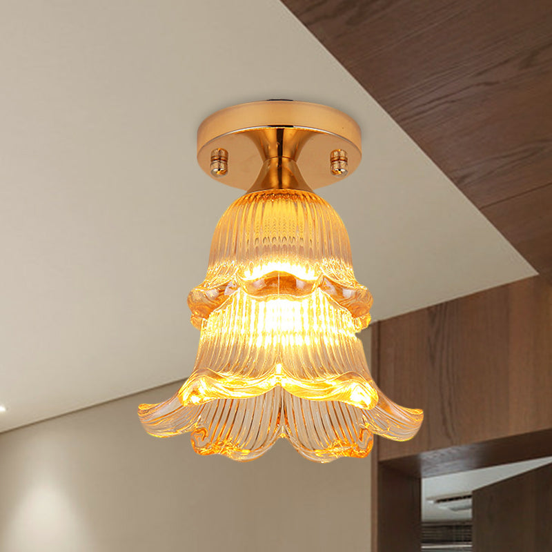 Flower Corridor Flush Mount Light Simple Amber Crystal 1 Bulb Gold Ceiling Mounted Fixture
