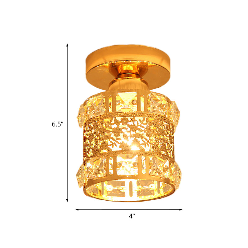 Minimalist Cylinder Ceiling Light Single Bulb Faceted Crystal Flush Mount Lighting in Gold
