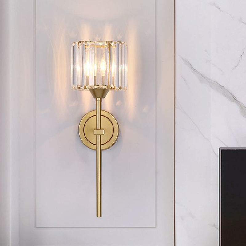 Simplicity Cylindrical Wall Lamp 1 Head Clear Crystal Block Sconce in Gold with Pencil Arm