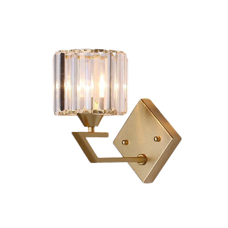 Cylindeical Bedroom Wall Light Sconce Minimalist Crystal Block 1 Head Gold Wall Lamp