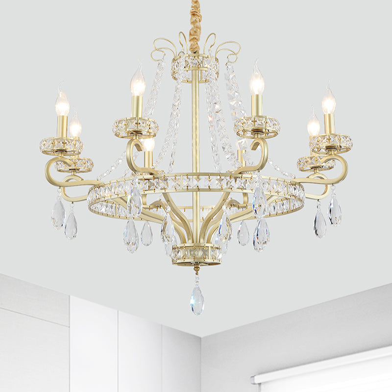 5/8 Bulbs Candle Chandelier Lamp Rustic Gold Crystal Prism Pendant Light Fixture for Living Room