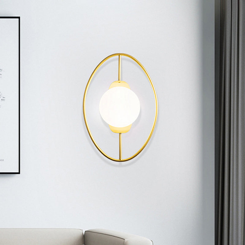 Metal Halo Ring Sconce Lighting Minimalist 1 Head Black/Gold Finish Wall Lamp with Orb White Glass Shade