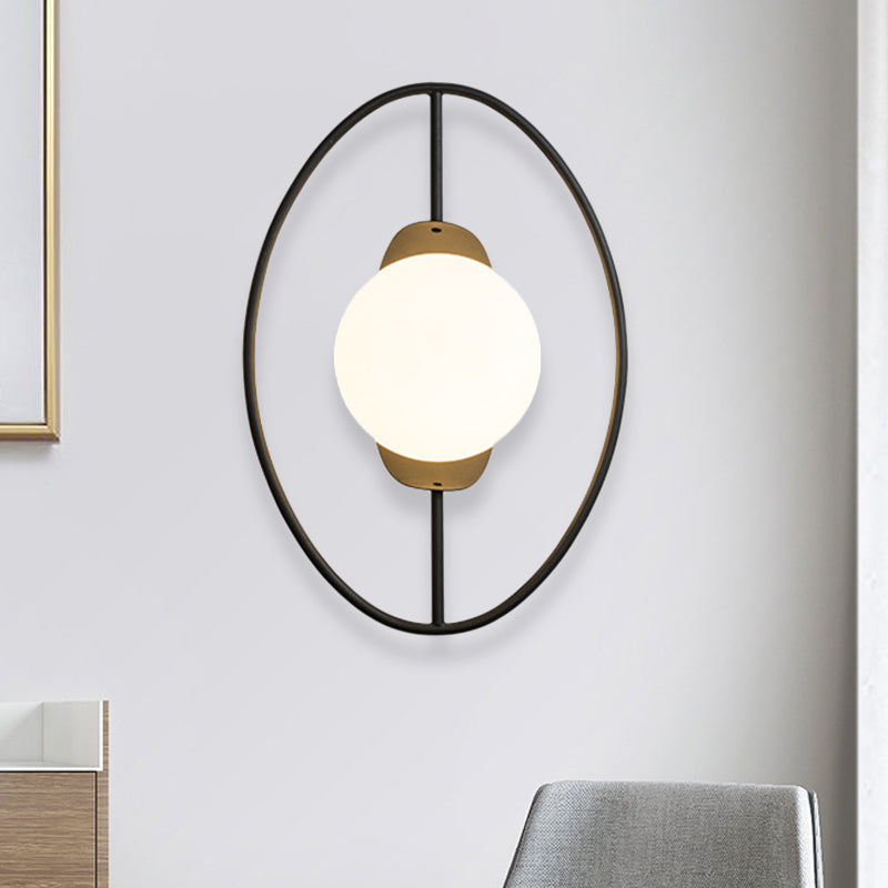 Metal Halo Ring Sconce Lighting Minimalist 1 Head Black/Gold Finish Wall Lamp with Orb White Glass Shade